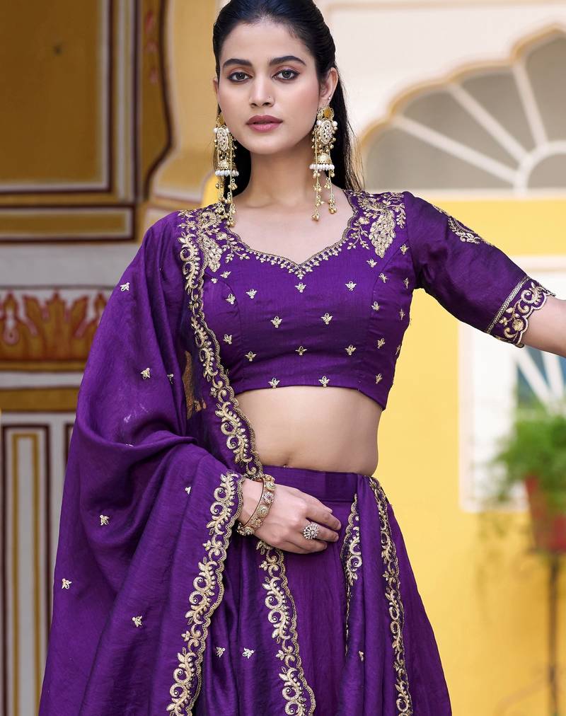 Purple Thread Work Silk Wedding Wear Lehenga Choli With Dupatta