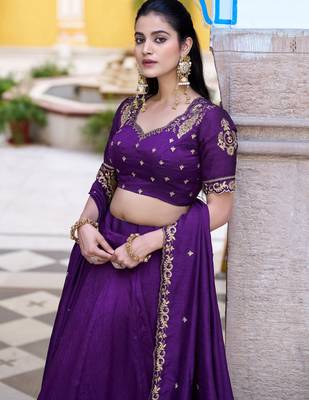 Purple Thread Work Silk Wedding Wear Lehenga Choli With Dupatta 4