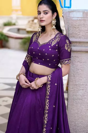 Purple Thread Work Silk Wedding Wear Lehenga Choli With Dupatta