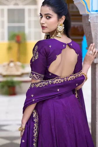 Purple Thread Work Silk Wedding Wear Lehenga Choli With Dupatta