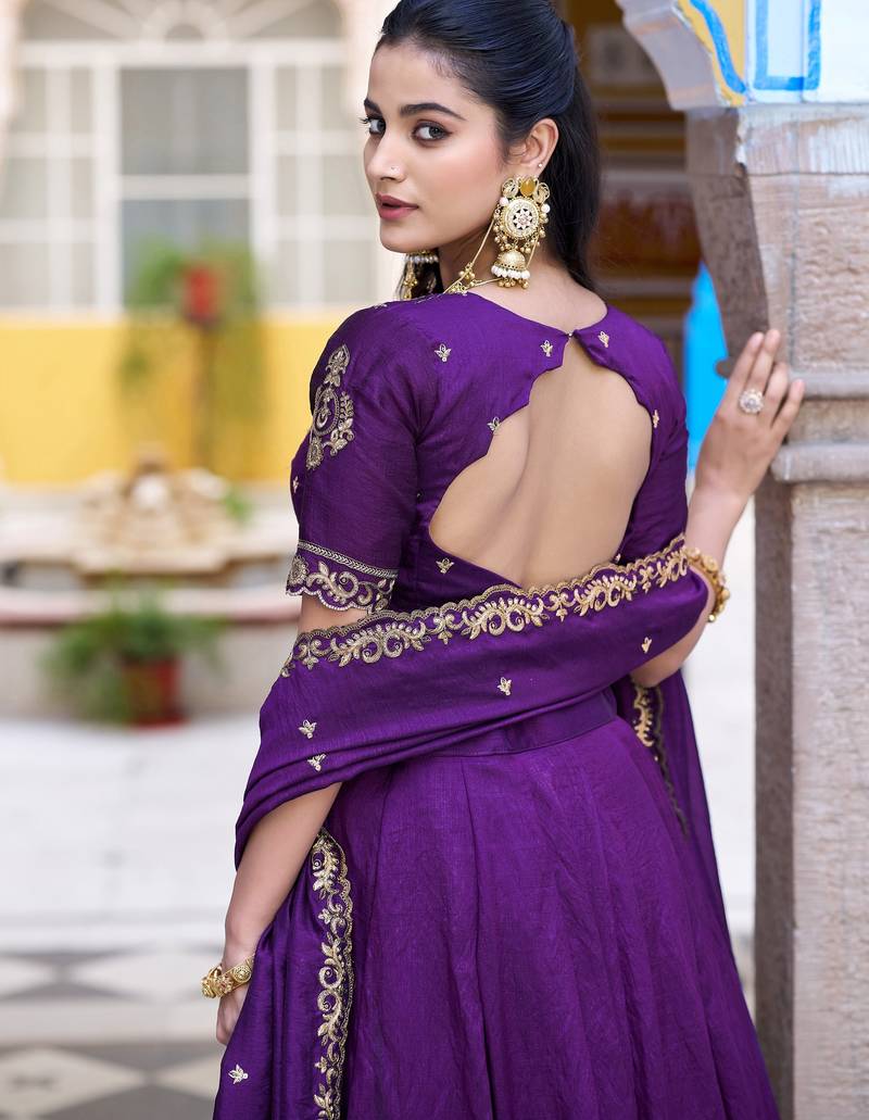 Purple Thread Work Silk Wedding Wear Lehenga Choli With Dupatta