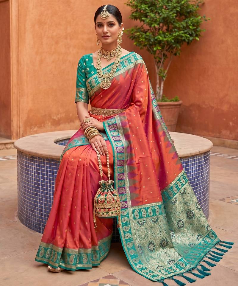Pink soft silk blend saree with zari weaving meenakari design