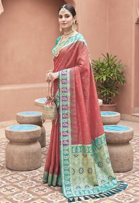 Pink soft silk blend saree with zari weaving meenakari design 4