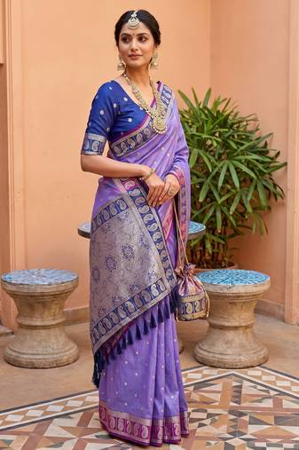 Lavender  soft silk blend saree with zari weaving meenakari design