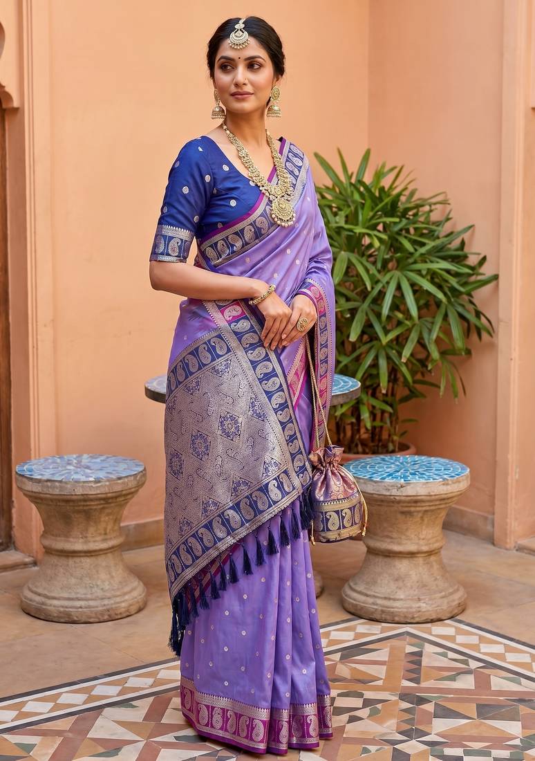 Lavender  soft silk blend saree with zari weaving meenakari design