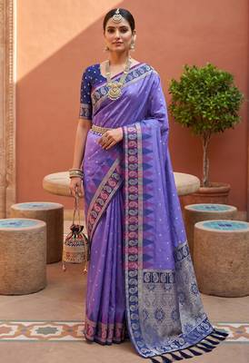 Lavender  soft silk blend saree with zari weaving meenakari design 2