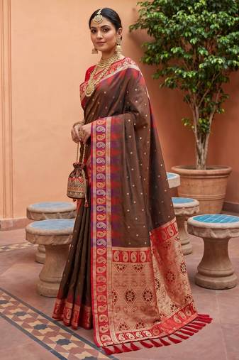 Olive green soft silk blend saree with zari weaving meenakari design