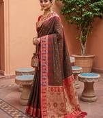 Olive green soft silk blend saree with zari weaving meenakari design