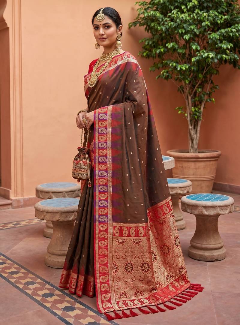 Olive green soft silk blend saree with zari weaving meenakari design