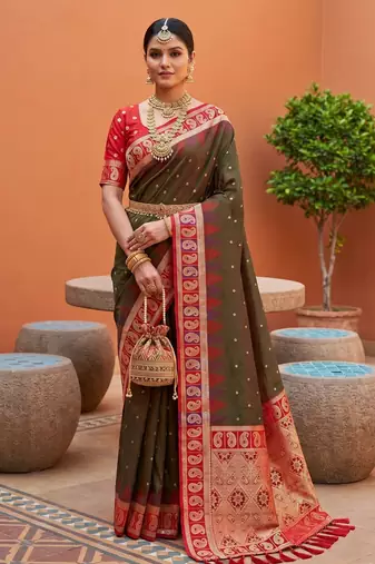 Olive green soft silk blend saree with zari weaving meenakari design