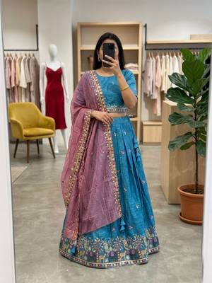 blue silk blend embroidered wedding lehenga choli with free size upto 44 1