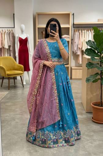 blue silk blend embroidered wedding lehenga choli with free size upto 44