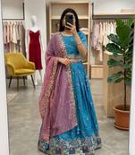 blue silk blend embroidered Wedding lehenga choli