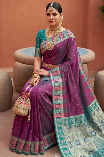 Onion pink soft silk blend saree with zari weaving meenakari design