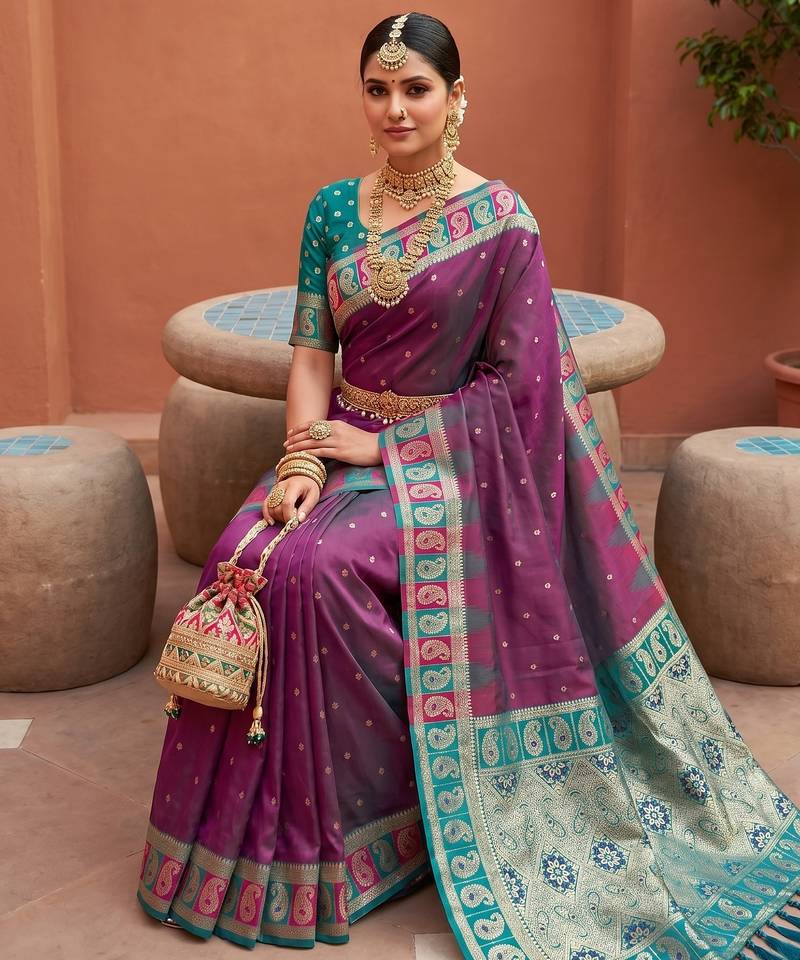 Onion pink soft silk blend saree with zari weaving meenakari design