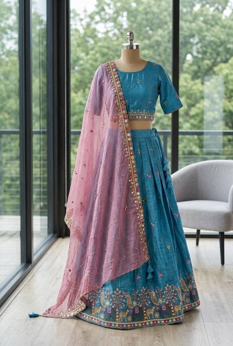 blue silk blend embroidered Wedding lehenga choli