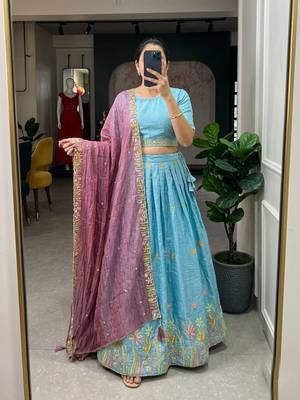 blue silk blend embroidered wedding lehenga choli with free size upto 44 1