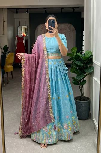 blue silk blend embroidered wedding lehenga choli with free size upto 44