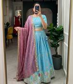 blue silk blend embroidered Wedding lehenga choli