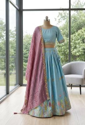 blue silk blend embroidered wedding lehenga choli with free size upto 44 2