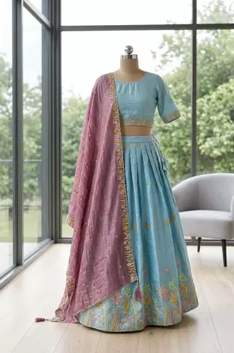 blue silk blend embroidered Wedding lehenga choli