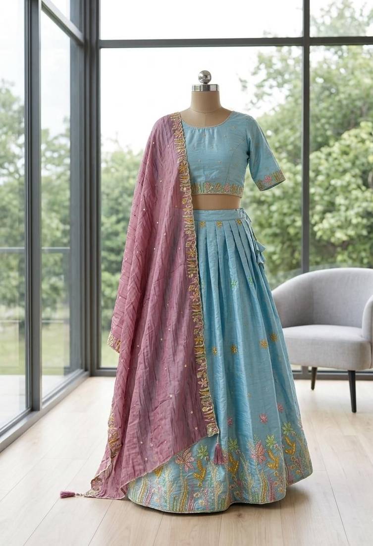 blue silk blend embroidered Wedding lehenga choli