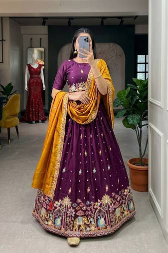purple silk blend embroidered Wedding lehenga choli