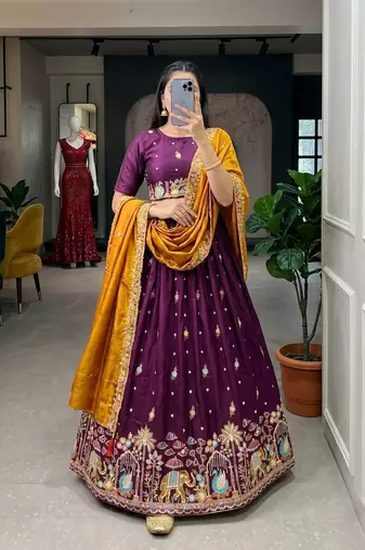 purple silk blend embroidered Wedding lehenga choli