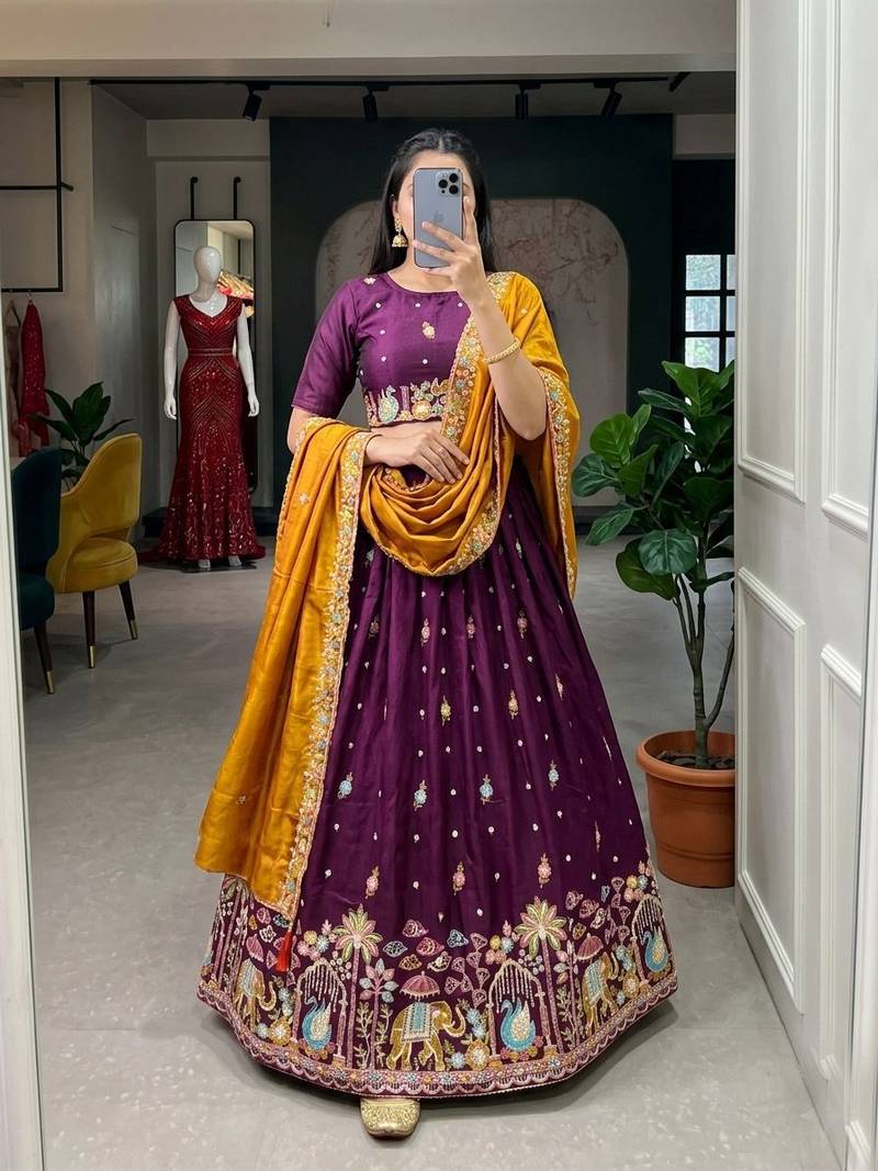 purple silk blend embroidered Wedding lehenga choli