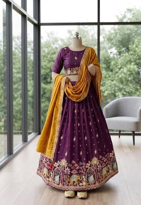 purple silk blend embroidered wedding lehenga choli with free size upto 44 2