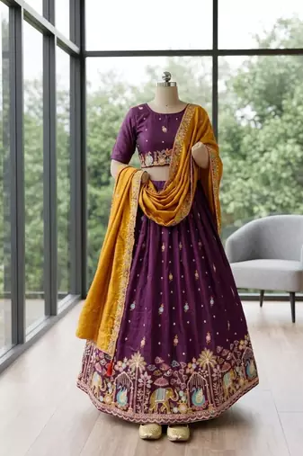 purple silk blend embroidered Wedding lehenga choli