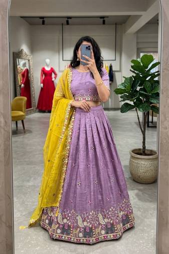 lavender silk blend embroidered wedding lehenga choli with free size upto 44
