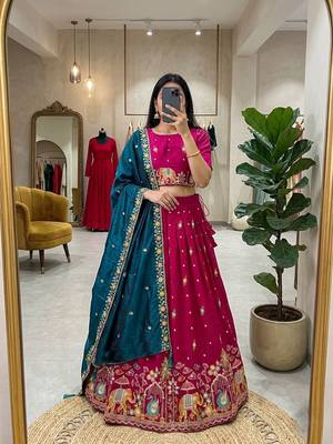 rani pink silk blend embroidered wedding lehenga choli with free size upto 44 1