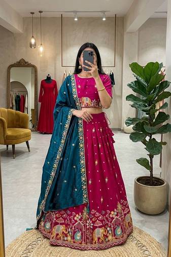 rani pink silk blend embroidered Wedding lehenga choli