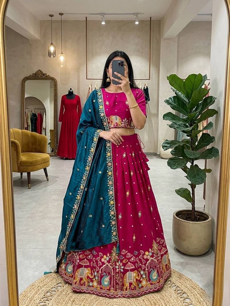 rani pink silk blend embroidered Wedding lehenga choli