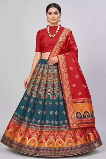teal blue silk blend woven traditional lehenga-choli