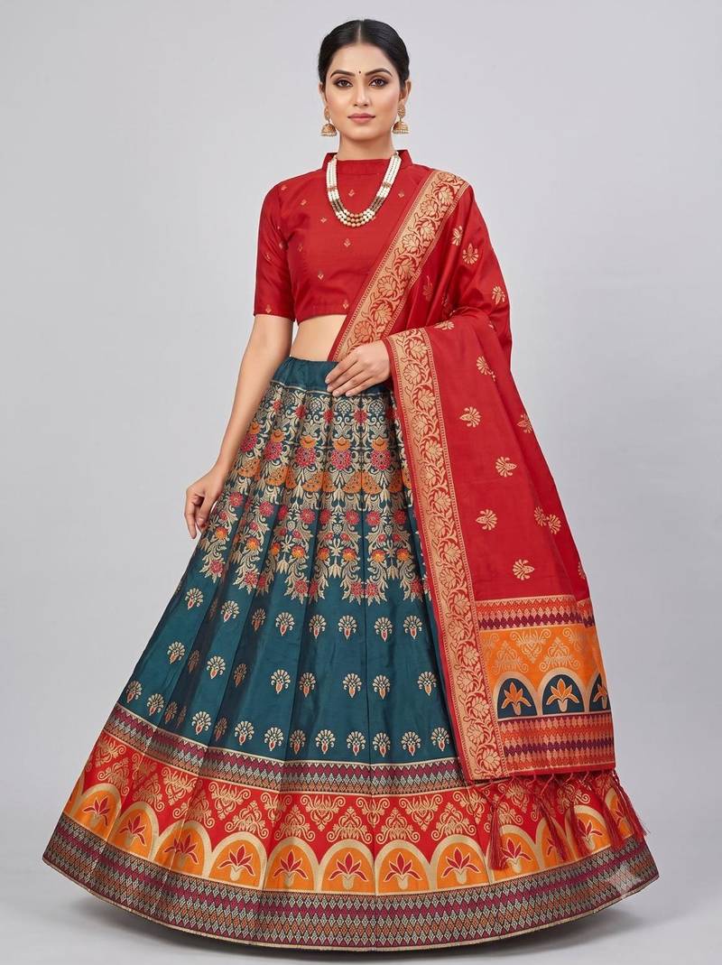 teal blue silk blend woven traditional lehenga-choli