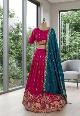rani pink silk blend embroidered wedding lehenga choli with free size upto 44 2