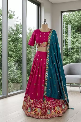 rani pink silk blend embroidered Wedding lehenga choli