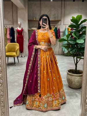 orange silk blend embroidered Wedding lehenga choli 1