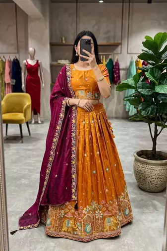 orange silk blend embroidered Wedding lehenga choli