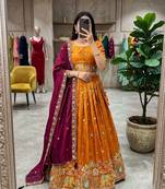 orange silk blend embroidered Wedding lehenga choli