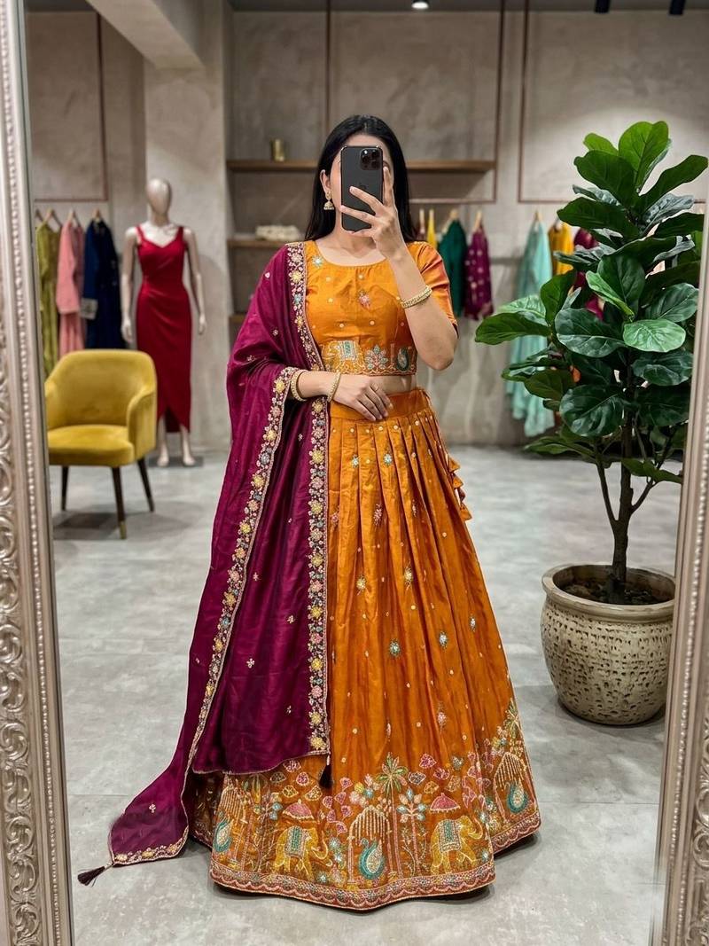 orange silk blend embroidered Wedding lehenga choli