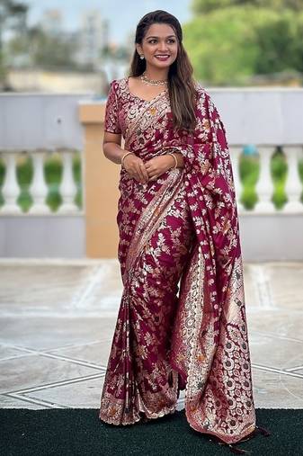 soft dolla silk with zari weaving meenakari design saree with blouse