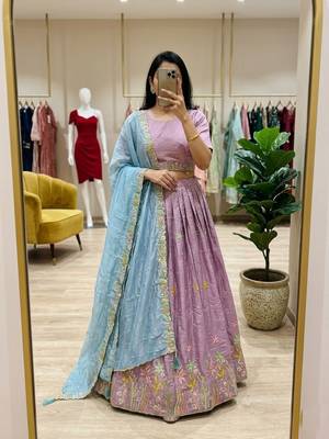 lavender silk blend embroidered wedding lehenga choli with free size upto 44 1