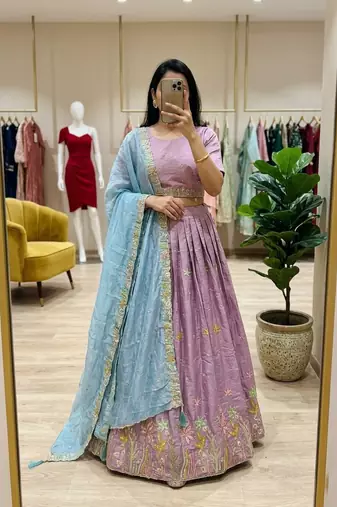 lavender silk blend embroidered Wedding lehenga choli
