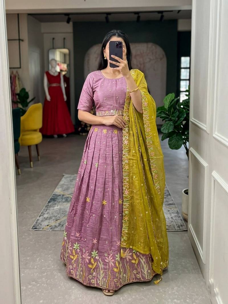 lavender silk blend embroidered Wedding lehenga choli