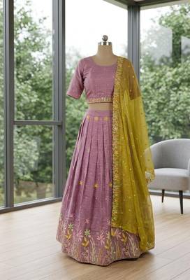 lavender silk blend embroidered wedding lehenga choli with free size upto 44 2