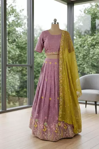 lavender silk blend embroidered Wedding lehenga choli