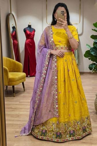 yellow silk blend embroidered Wedding lehenga choli